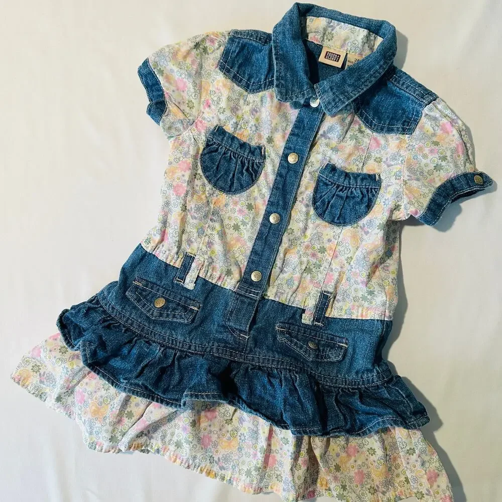 Vintage 90s Faded Glory Floral Denim Patchwork Cowgirl Jean Dress Sz 24 mo